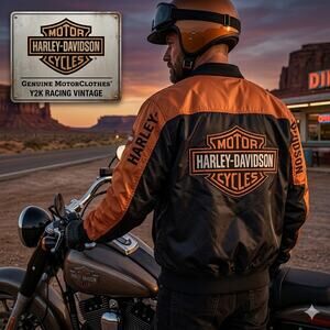 Vintage Harley-Davidson Nylon Bomber Racing Jacket Y2K Black Orange 4XL